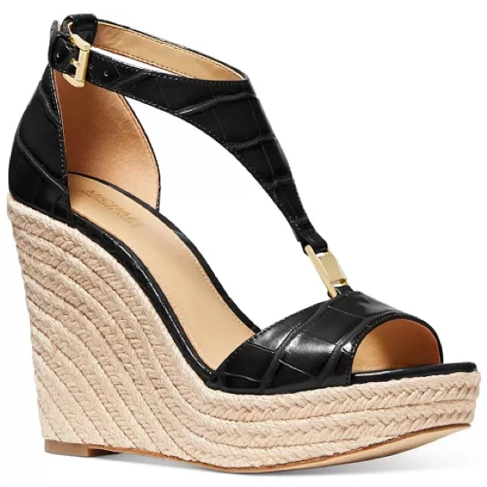 Michael Kors Fanning Espadrille Wedge Shoes Women’s Sz 8 Black Faux Leather Jute